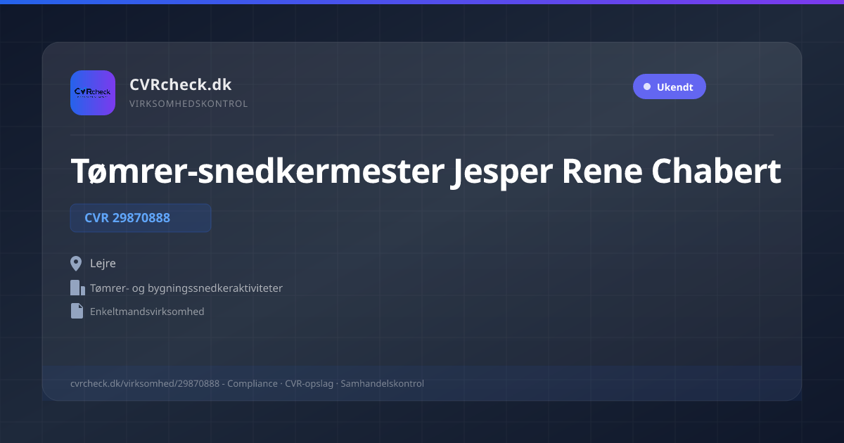 Visitkort: Tømrer-snedkermester Jesper Rene Chabert, CVR 29870888, Tømrer- og bygningssnedkeraktiviteter, Lejre