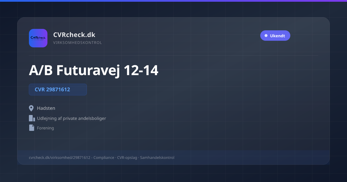 Visitkort: A/B Futuravej 12-14, CVR 29871612, Udlejning af private andelsboliger, Hadsten