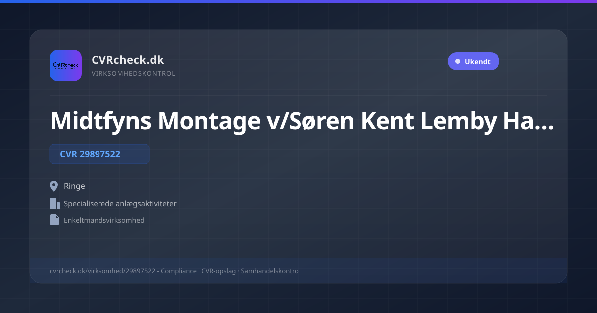 Visitkort: Midtfyns Montage v/Søren Kent Lemby Hansen, CVR 29897522, Specialiserede anlægsaktiviteter, Ringe