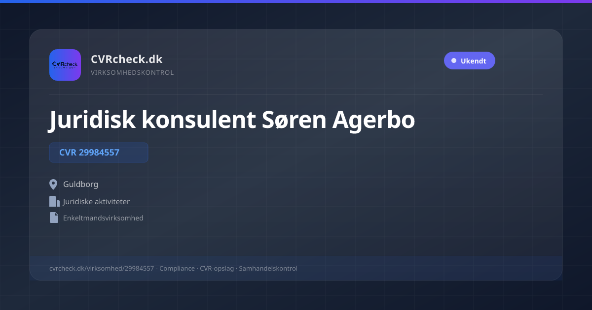 Visitkort: Juridisk konsulent Søren Agerbo, CVR 29984557, Juridiske aktiviteter, Guldborg