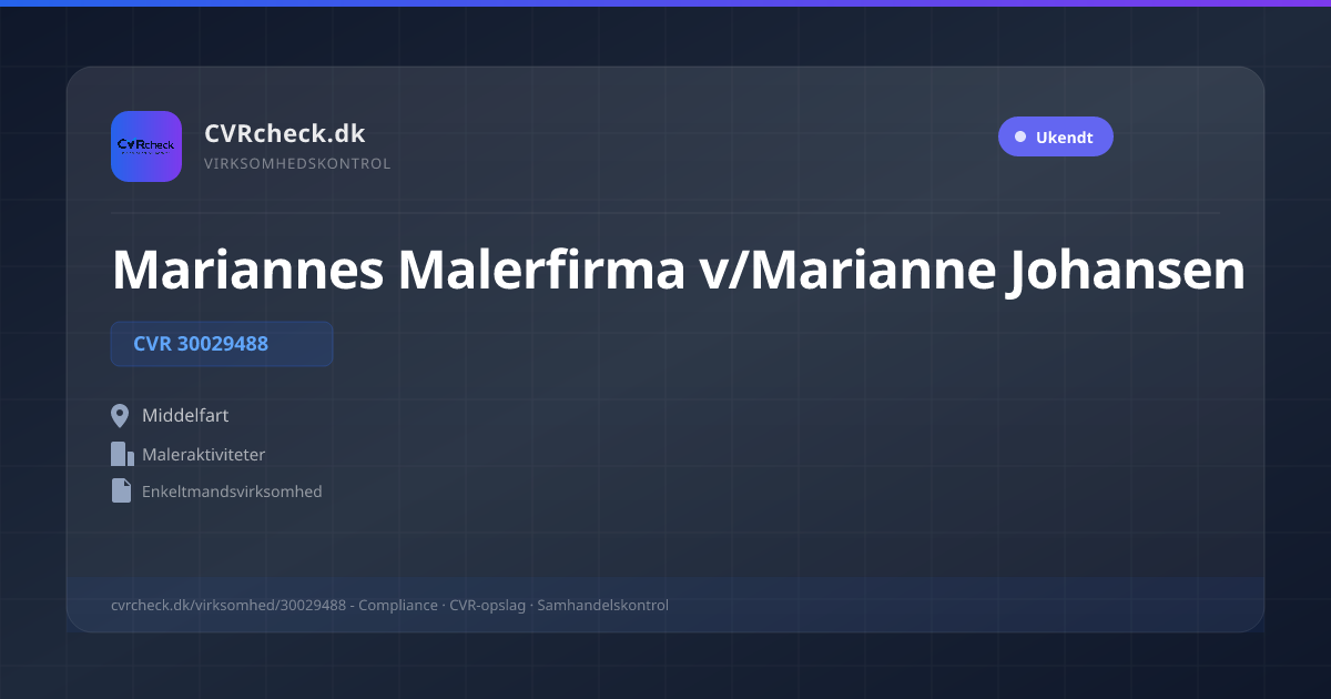 Visitkort: Mariannes Malerfirma v/Marianne Johansen, CVR 30029488, Maleraktiviteter, Middelfart