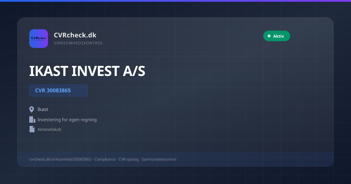 Visitkort: IKAST INVEST A/S, CVR 30083865, Investering for egen regning, Ikast, NORMAL