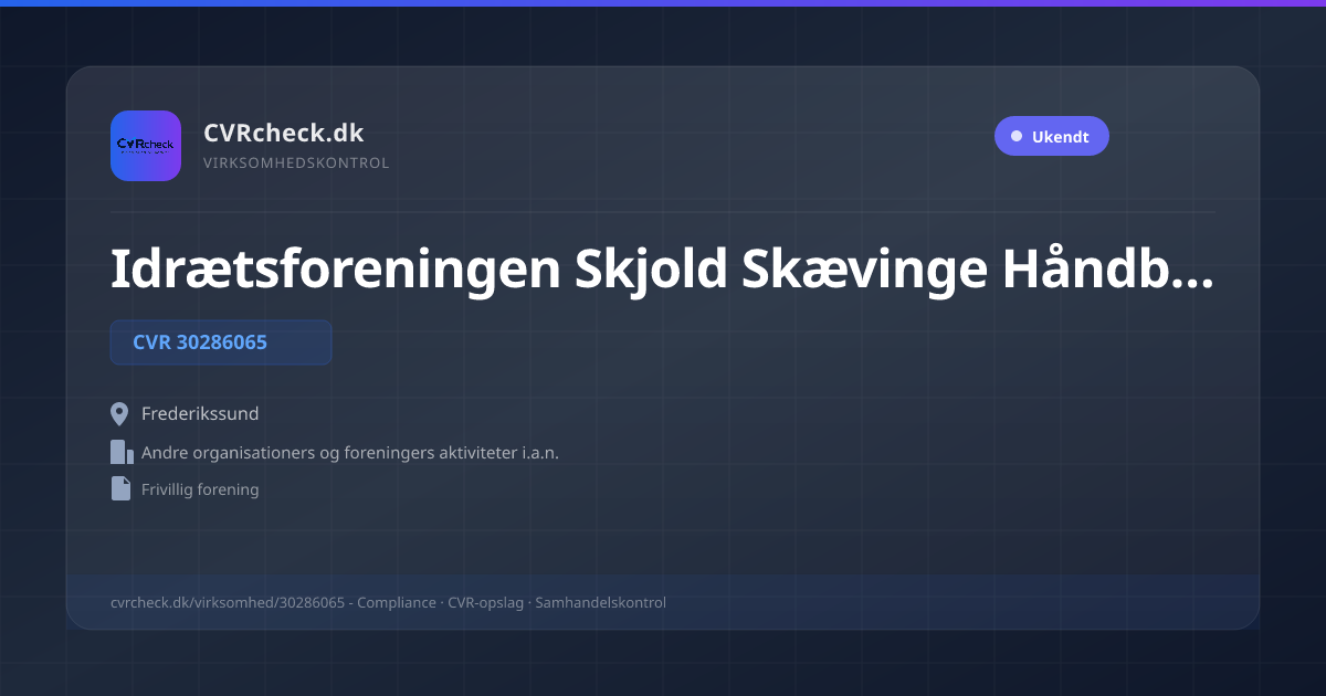Visitkort: Idrætsforeningen Skjold Skævinge Håndboldafdeling, CVR 30286065, Andre organisationers og foreningers aktiviteter i.a.n., Frederikssund