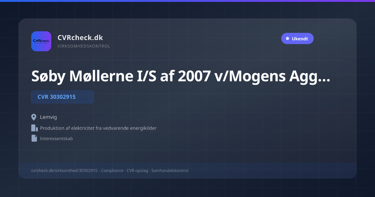 Visitkort: Søby Møllerne I/S af 2007 v/Mogens Agger m. fl., CVR 30302915, Produktion af elektricitet fra vedvarende energikilder, Lemvig
