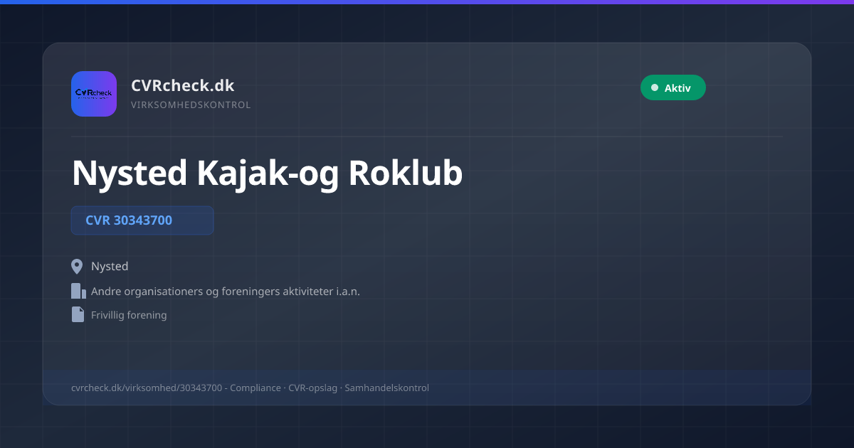 Visitkort: Nysted Kajak-og Roklub, CVR 30343700, Andre organisationers og foreningers aktiviteter i.a.n., Nysted, Aktiv