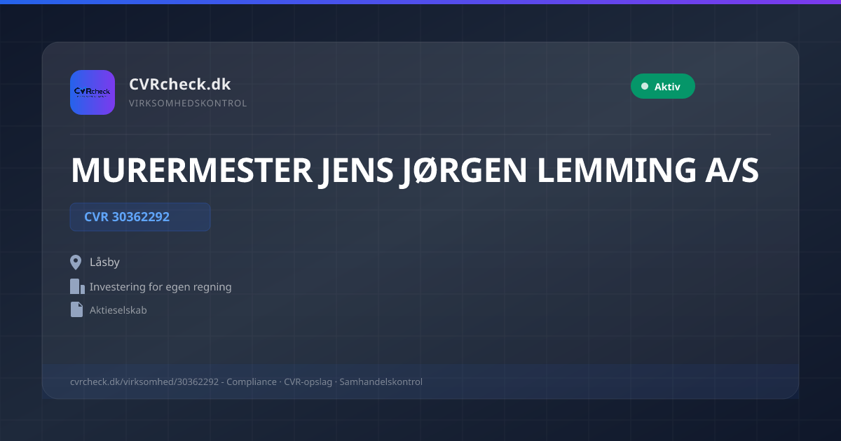 Visitkort: MURERMESTER JENS JØRGEN LEMMING A/S, CVR 30362292, Investering for egen regning, Låsby, NORMAL