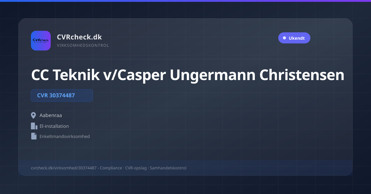 Visitkort: CC Teknik v/Casper Ungermann Christensen, CVR 30374487, El-installation, Aabenraa