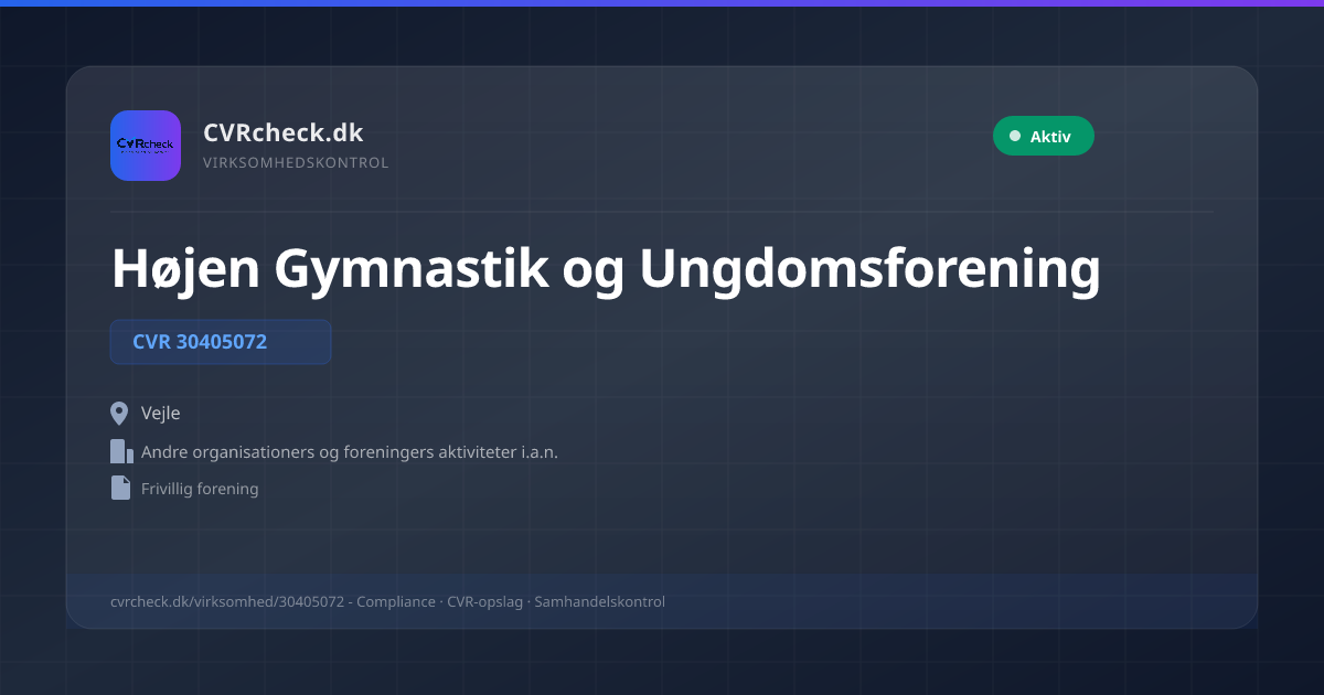 Visitkort: Højen Gymnastik og Ungdomsforening, CVR 30405072, Andre organisationers og foreningers aktiviteter i.a.n., Vejle, Aktiv