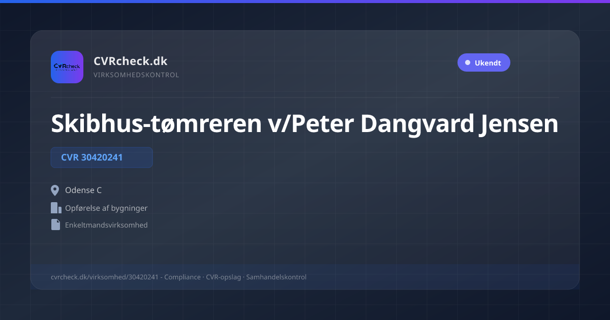 Visitkort: Skibhus-tømreren v/Peter Dangvard Jensen, CVR 30420241, Opførelse af bygninger, Odense C