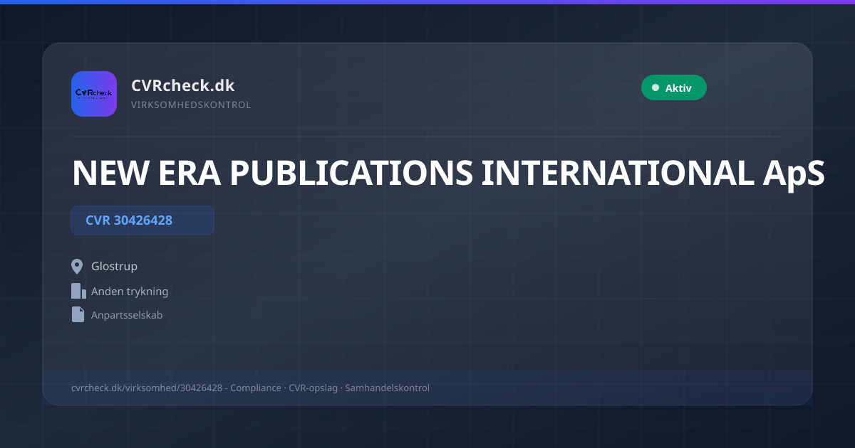 Visitkort: NEW ERA PUBLICATIONS INTERNATIONAL ApS, CVR 30426428, Anden trykning, Glostrup, NORMAL