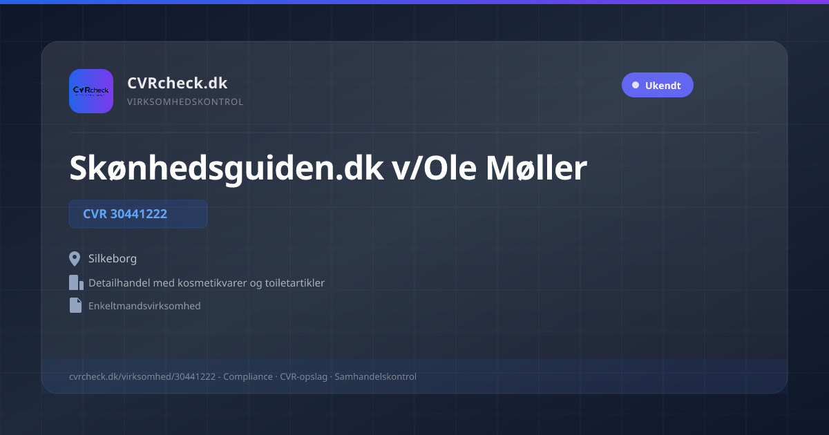 Visitkort: Skønhedsguiden.dk v/Ole Møller, CVR 30441222, Detailhandel med kosmetikvarer og toiletartikler, Silkeborg