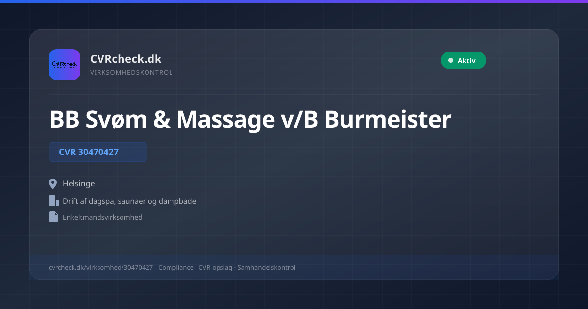 Visitkort: BB Svøm & Massage v/B Burmeister, CVR 30470427, Drift af dagspa, saunaer og dampbade, Helsinge, Aktiv
