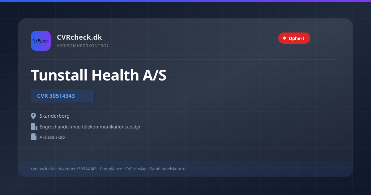 Visitkort: Tunstall Health A/S, CVR 30514343, Engroshandel med telekommunikationsudstyr, Skanderborg, OPLØST EFTER ERKLÆRING
