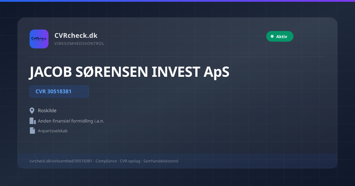 Visitkort: JACOB SØRENSEN INVEST ApS, CVR 30518381, Anden finansiel formidling i.a.n., Roskilde, NORMAL