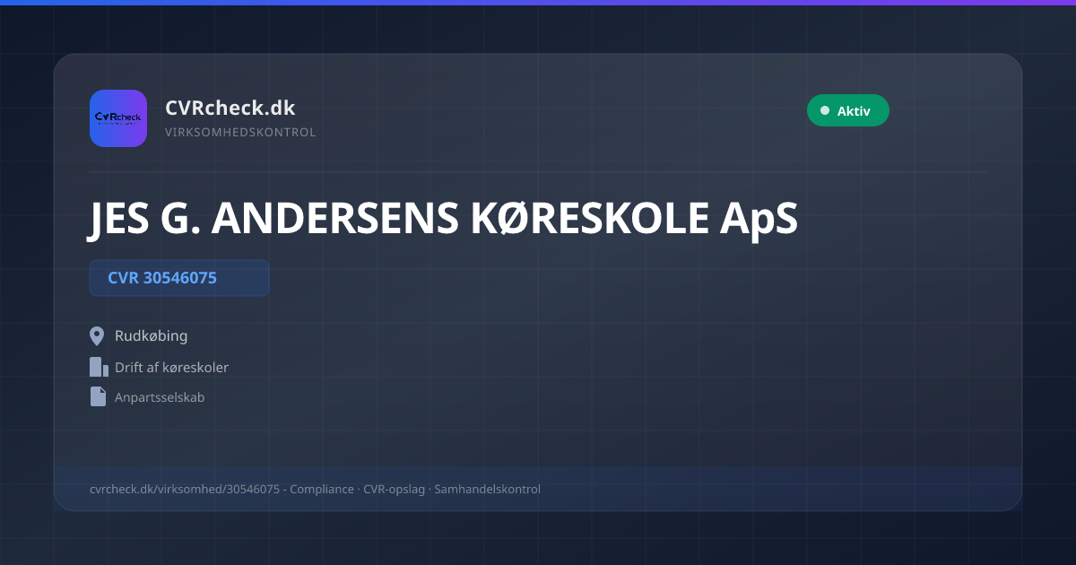 Visitkort: JES G. ANDERSENS KØRESKOLE ApS, CVR 30546075, Drift af køreskoler, Rudkøbing, NORMAL
