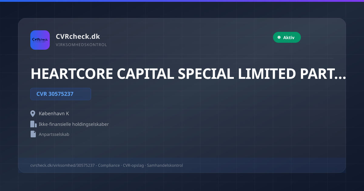 Visitkort: HEARTCORE CAPITAL SPECIAL LIMITED PARTNER I ApS, CVR 30575237, Ikke-finansielle holdingselskaber, København K, NORMAL