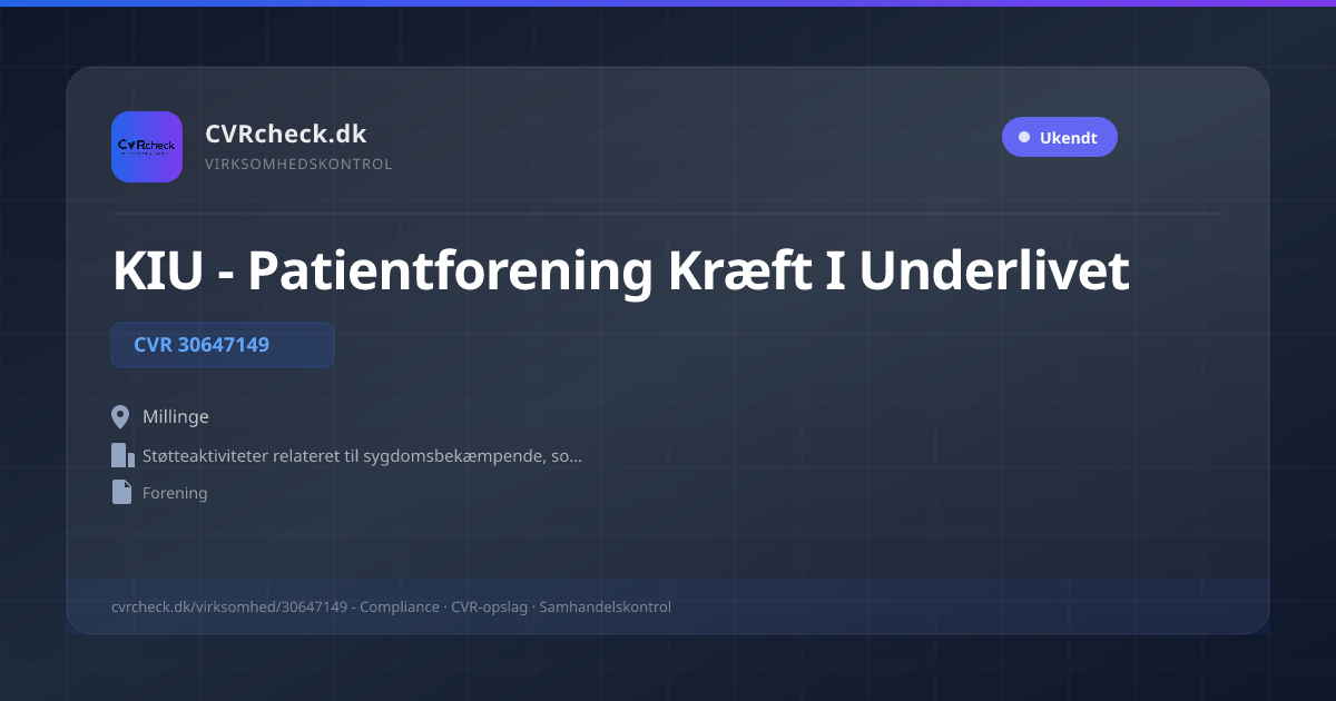 Visitkort: KIU - Patientforening Kræft I Underlivet, CVR 30647149, Støtteaktiviteter relateret til sygdomsbekæmpende, sociale og velgørende formål, Millinge