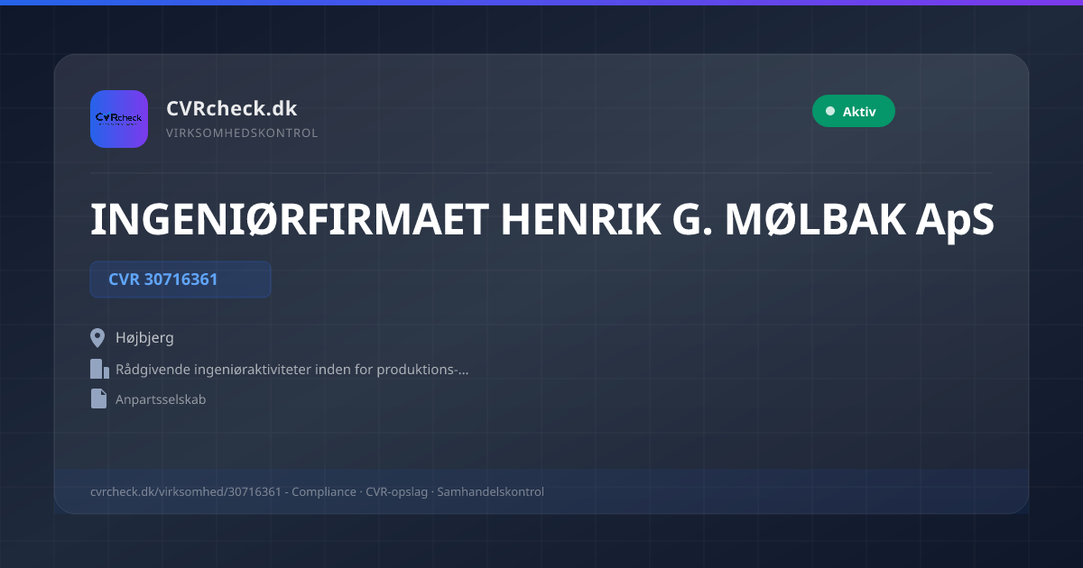 Visitkort: INGENIØRFIRMAET HENRIK G. MØLBAK ApS, CVR 30716361, Rådgivende ingeniøraktiviteter inden for produktions- og maskinteknik, Højbjerg, NORMAL