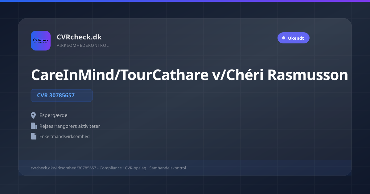 Visitkort: CareInMind/TourCathare v/Chéri Rasmusson, CVR 30785657, Rejsearrangørers aktiviteter, Espergærde