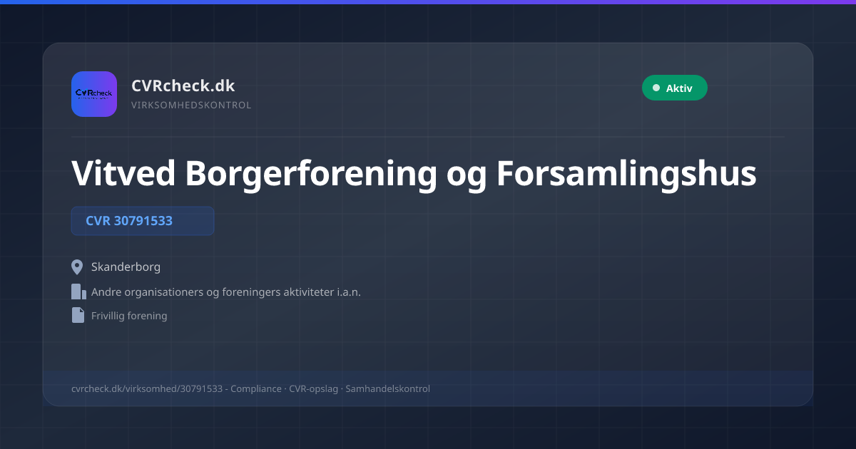Visitkort: Vitved Borgerforening og Forsamlingshus, CVR 30791533, Andre organisationers og foreningers aktiviteter i.a.n., Skanderborg, Aktiv