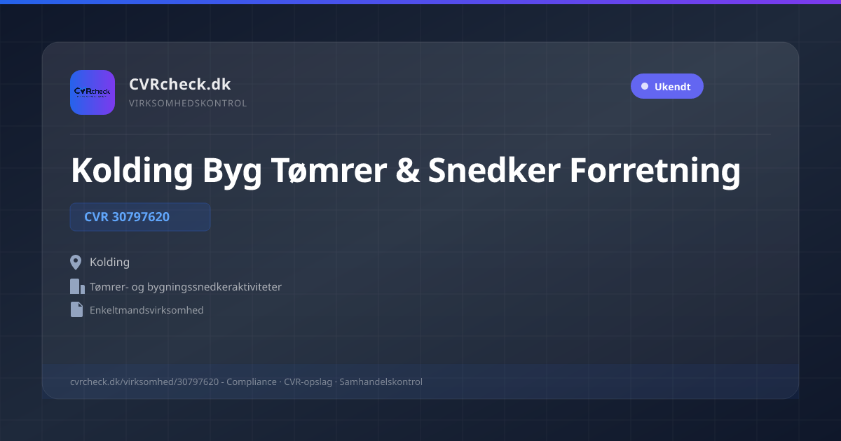 Visitkort: Kolding Byg Tømrer & Snedker Forretning, CVR 30797620, Tømrer- og bygningssnedkeraktiviteter, Kolding