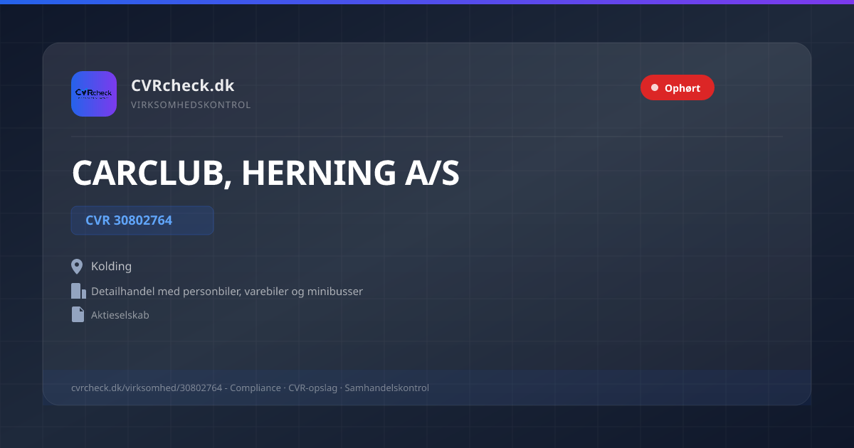 Visitkort: CARCLUB, HERNING A/S, CVR 30802764, Detailhandel med personbiler, varebiler og minibusser, Kolding, OPLØST EFTER ERKLÆRING