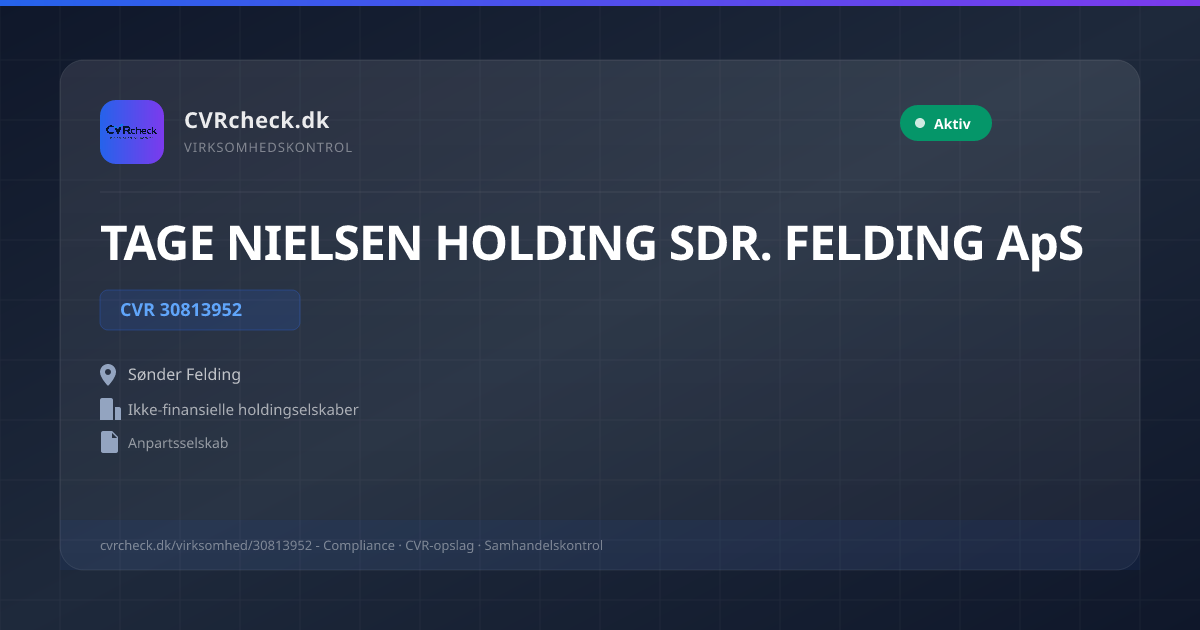 Visitkort: TAGE NIELSEN HOLDING SDR. FELDING ApS, CVR 30813952, Ikke-finansielle holdingselskaber, Sønder Felding, NORMAL