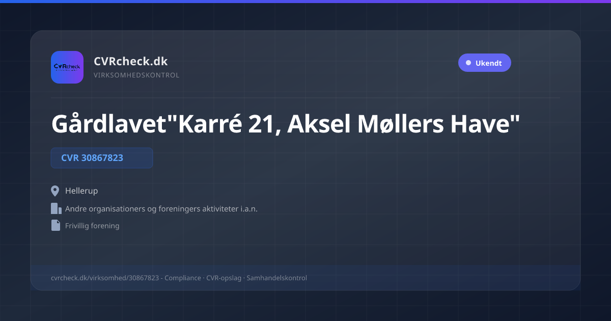 Visitkort: Gårdlavet"Karré 21, Aksel Møllers Have", CVR 30867823, Andre organisationers og foreningers aktiviteter i.a.n., Hellerup