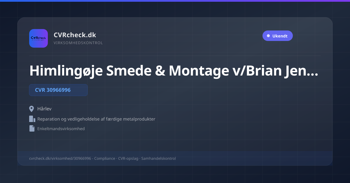 Visitkort: Himlingøje Smede & Montage v/Brian Jensen, CVR 30966996, Reparation og vedligeholdelse af færdige metalprodukter, Hårlev