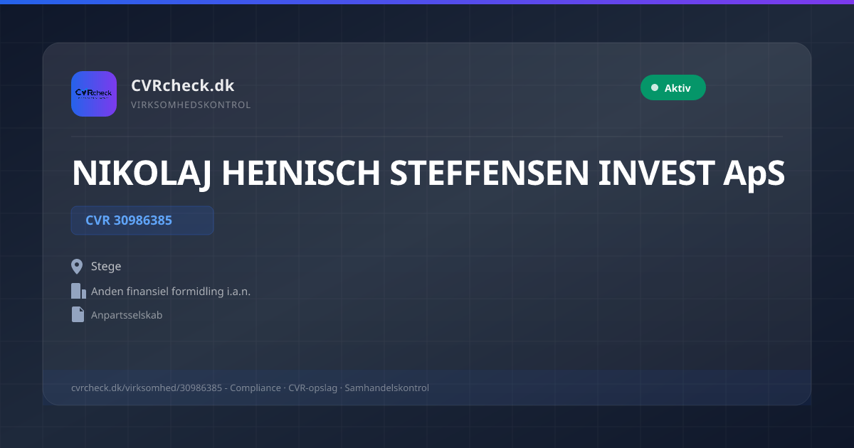 Visitkort: NIKOLAJ HEINISCH STEFFENSEN INVEST ApS, CVR 30986385, Anden finansiel formidling i.a.n., Stege, NORMAL