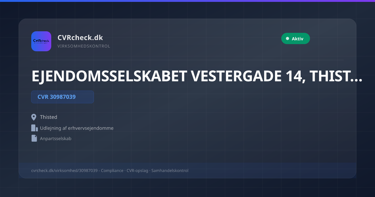 Visitkort: EJENDOMSSELSKABET VESTERGADE 14, THISTED ApS, CVR 30987039, Udlejning af erhvervsejendomme, Thisted, NORMAL