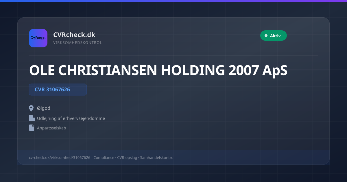 Visitkort: OLE CHRISTIANSEN HOLDING 2007 ApS, CVR 31067626, Udlejning af erhvervsejendomme, Ølgod, NORMAL