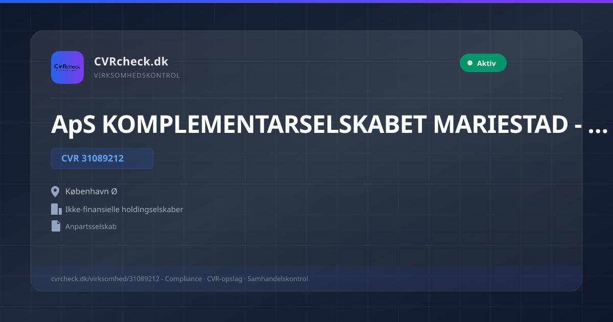 Visitkort: ApS KOMPLEMENTARSELSKABET MARIESTAD - NYKÖPING, SVERIGE, CVR 31089212, Ikke-finansielle holdingselskaber, København Ø, NORMAL