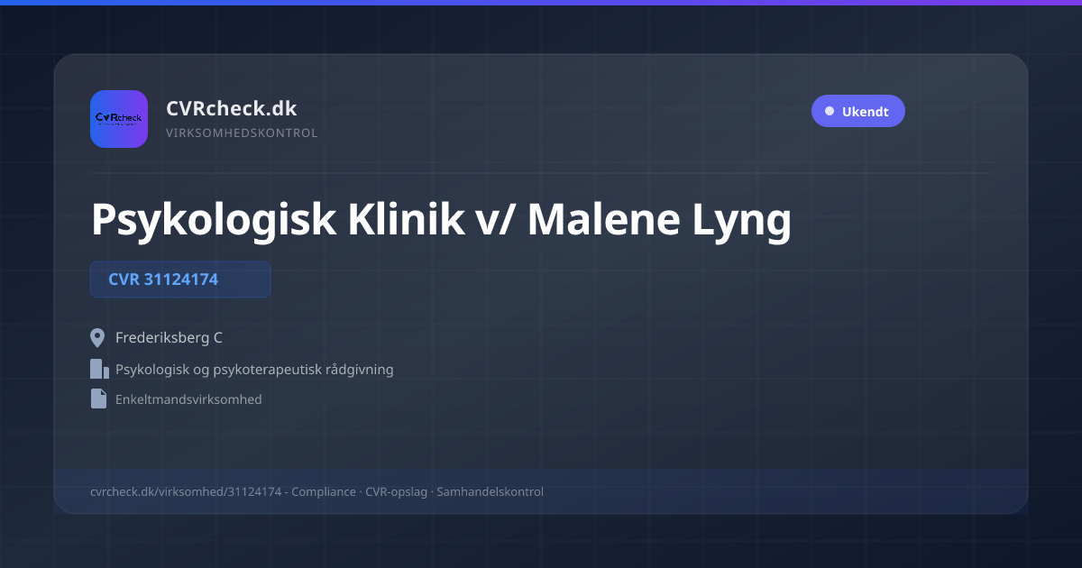 Visitkort: Psykologisk Klinik v/ Malene Lyng, CVR 31124174, Psykologisk og psykoterapeutisk rådgivning, Frederiksberg C