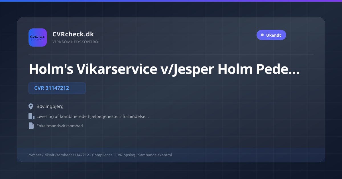 Visitkort: Holm's Vikarservice v/Jesper Holm Pedersen, CVR 31147212, Levering af kombinerede hjælpetjenester i forbindelse med drift af fast ejendom, Bøvlingbjerg