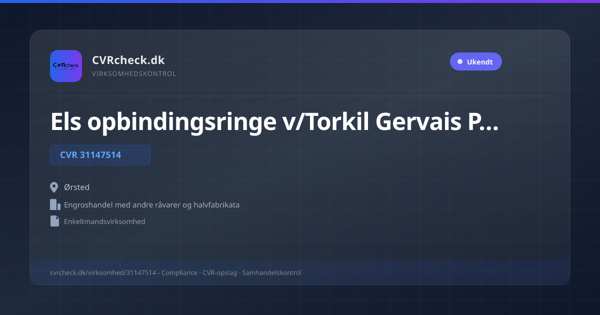 Visitkort: Els opbindingsringe v/Torkil Gervais Peter Els, CVR 31147514, Engroshandel med andre råvarer og halvfabrikata, Ørsted