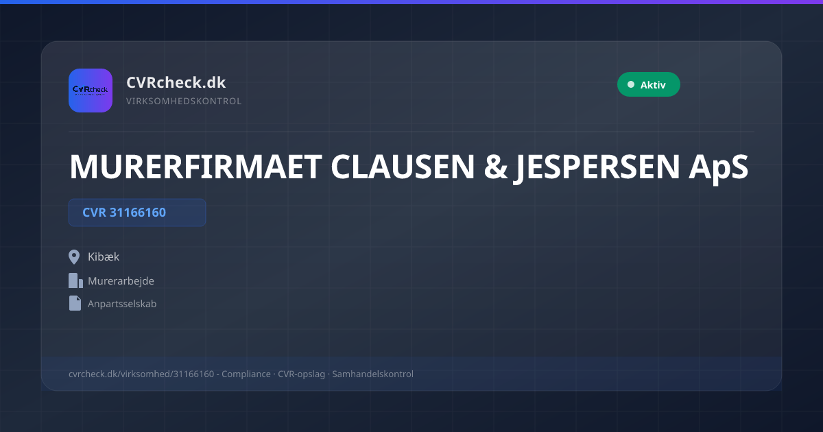 Visitkort: MURERFIRMAET CLAUSEN & JESPERSEN ApS, CVR 31166160, Murerarbejde, Kibæk, NORMAL