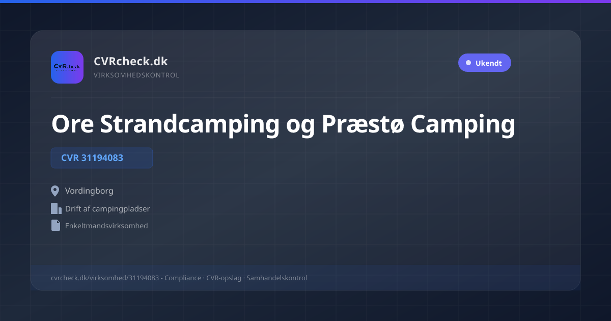 Visitkort: Ore Strandcamping og Præstø Camping, CVR 31194083, Drift af campingpladser, Vordingborg