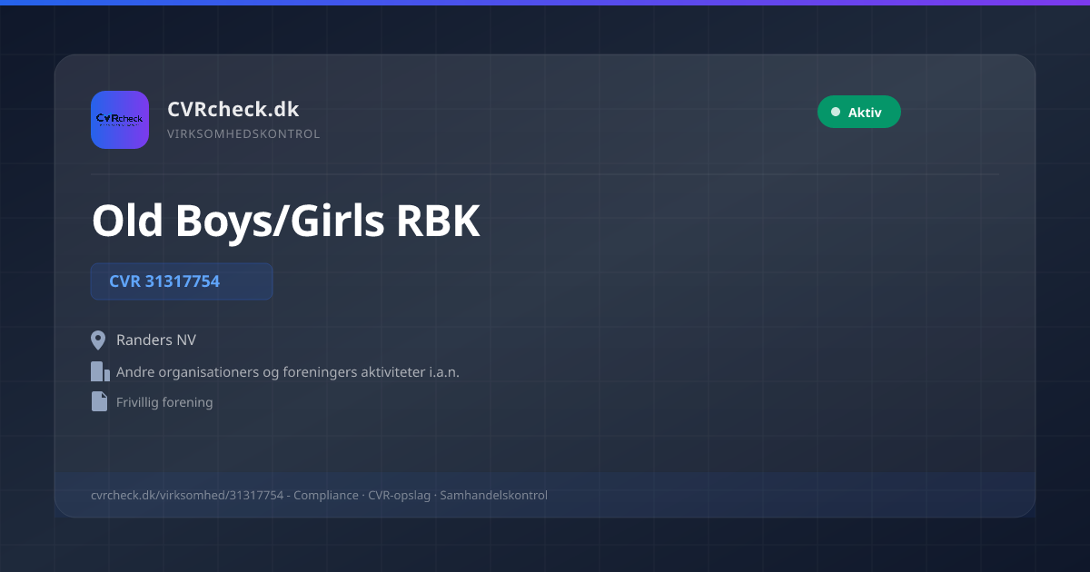 Visitkort: Old Boys/Girls RBK, CVR 31317754, Andre organisationers og foreningers aktiviteter i.a.n., Randers NV, Aktiv
