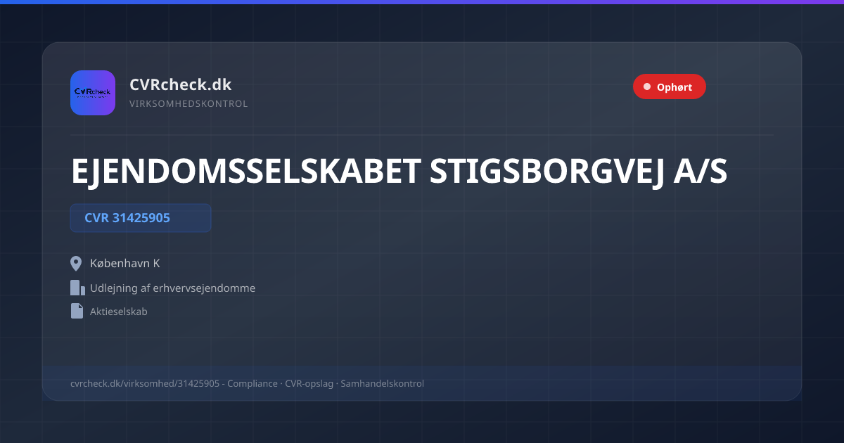 Visitkort: EJENDOMSSELSKABET STIGSBORGVEJ A/S, CVR 31425905, Udlejning af erhvervsejendomme, København K, OPHØRT