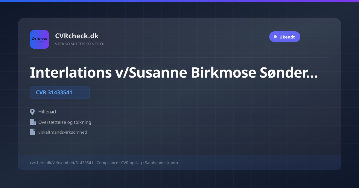 Visitkort: Interlations v/Susanne Birkmose Søndergaard, CVR 31433541, Oversættelse og tolkning, Hillerød