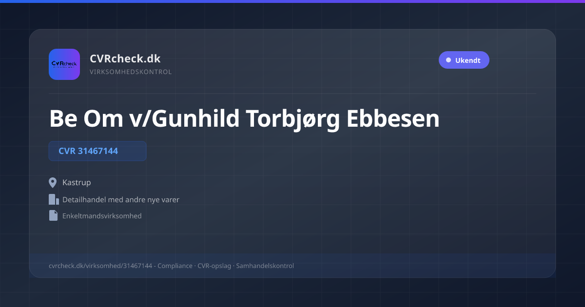 Visitkort: Be Om v/Gunhild Torbjørg Ebbesen, CVR 31467144, Detailhandel med andre nye varer, Kastrup