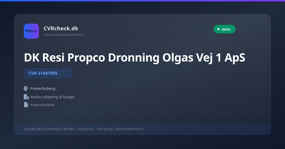 Visitkort: DK Resi Propco Dronning Olgas Vej 1 ApS, CVR 31487005, Anden udlejning af boliger, Frederiksberg, NORMAL