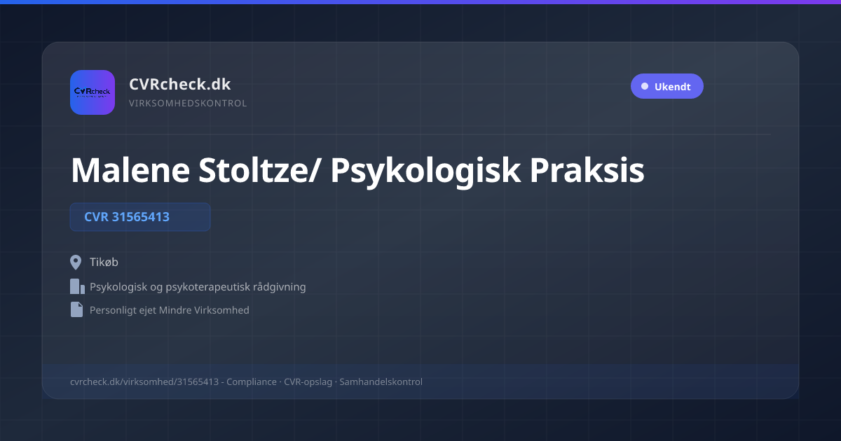 Visitkort: Malene Stoltze/ Psykologisk Praksis, CVR 31565413, Psykologisk og psykoterapeutisk rådgivning, Tikøb