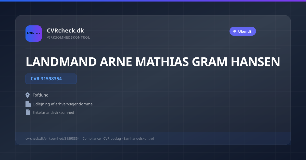 Visitkort: LANDMAND ARNE MATHIAS GRAM HANSEN, CVR 31598354, Udlejning af erhvervsejendomme, Toftlund