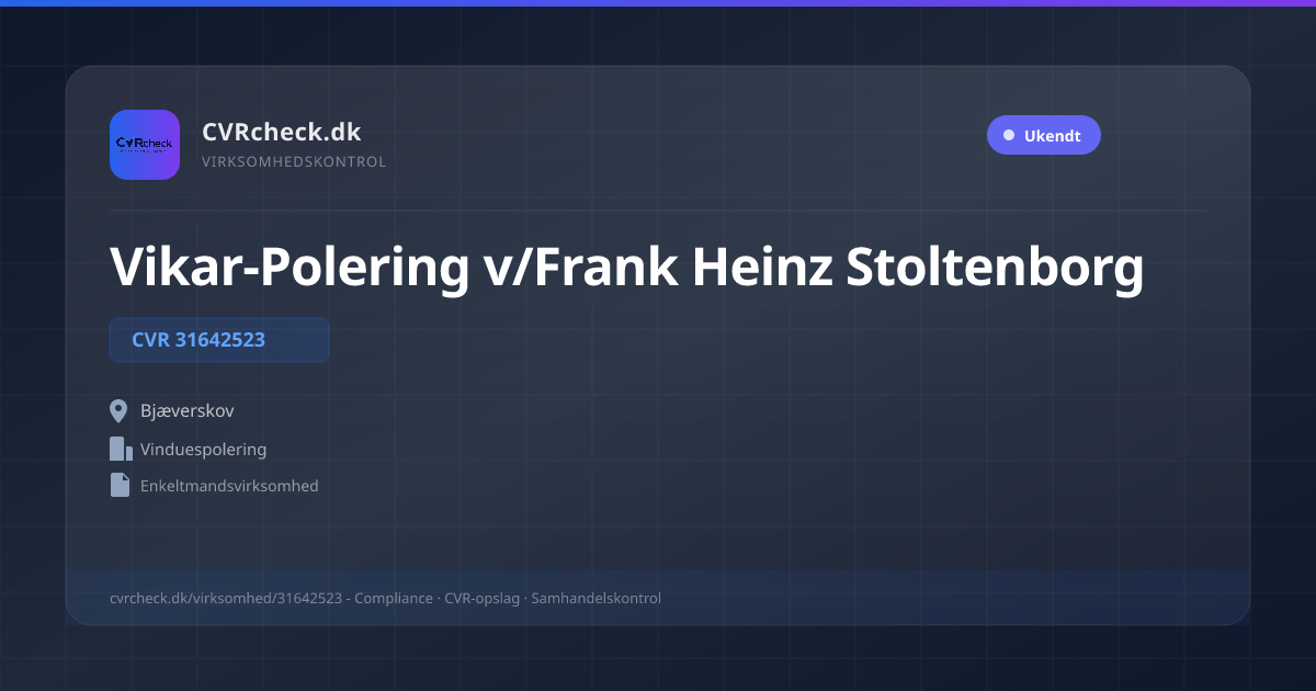 Visitkort: Vikar-Polering v/Frank Heinz Stoltenborg, CVR 31642523, Vinduespolering, Bjæverskov
