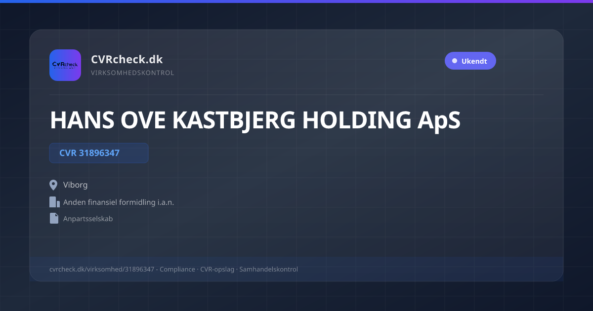 Visitkort: HANS OVE KASTBJERG HOLDING ApS, CVR 31896347, Anden finansiel formidling i.a.n., Viborg