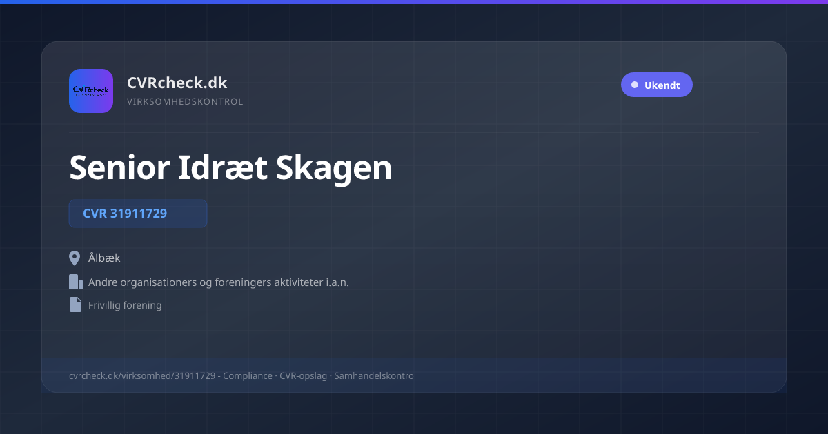Visitkort: Senior Idræt Skagen, CVR 31911729, Andre organisationers og foreningers aktiviteter i.a.n., Ålbæk