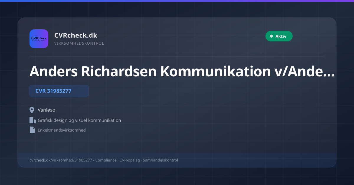 Visitkort: Anders Richardsen Kommunikation v/Anders Fogh Richardsen, CVR 31985277, Grafisk design og visuel kommunikation, Vanløse, Aktiv