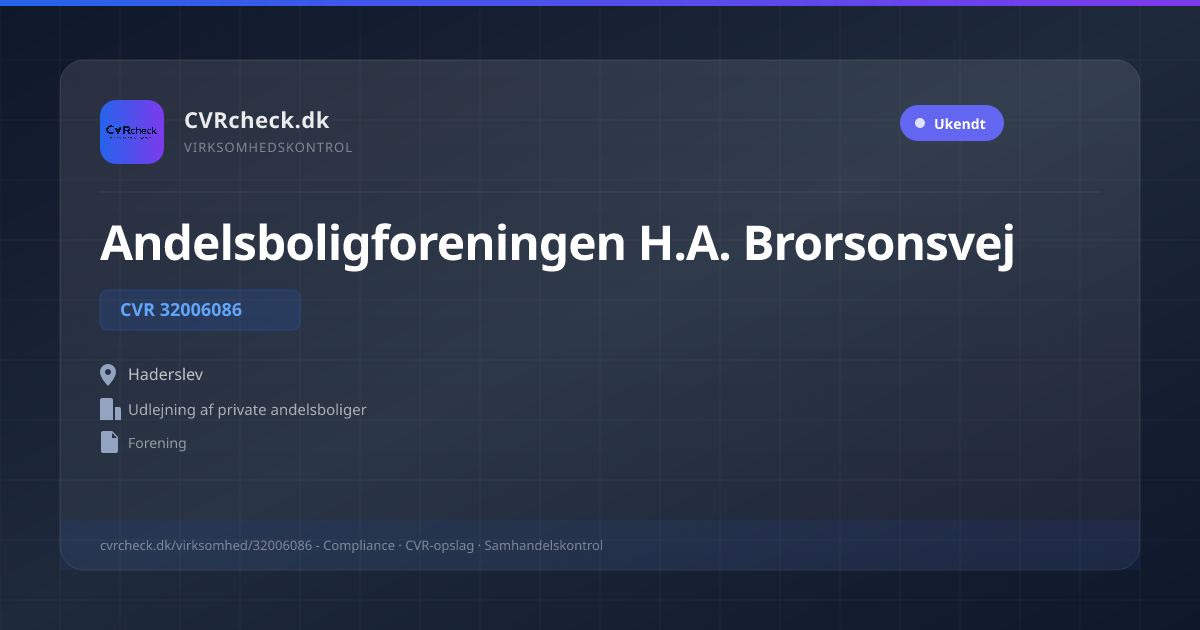 Visitkort: Andelsboligforeningen H.A. Brorsonsvej, CVR 32006086, Udlejning af private andelsboliger, Haderslev